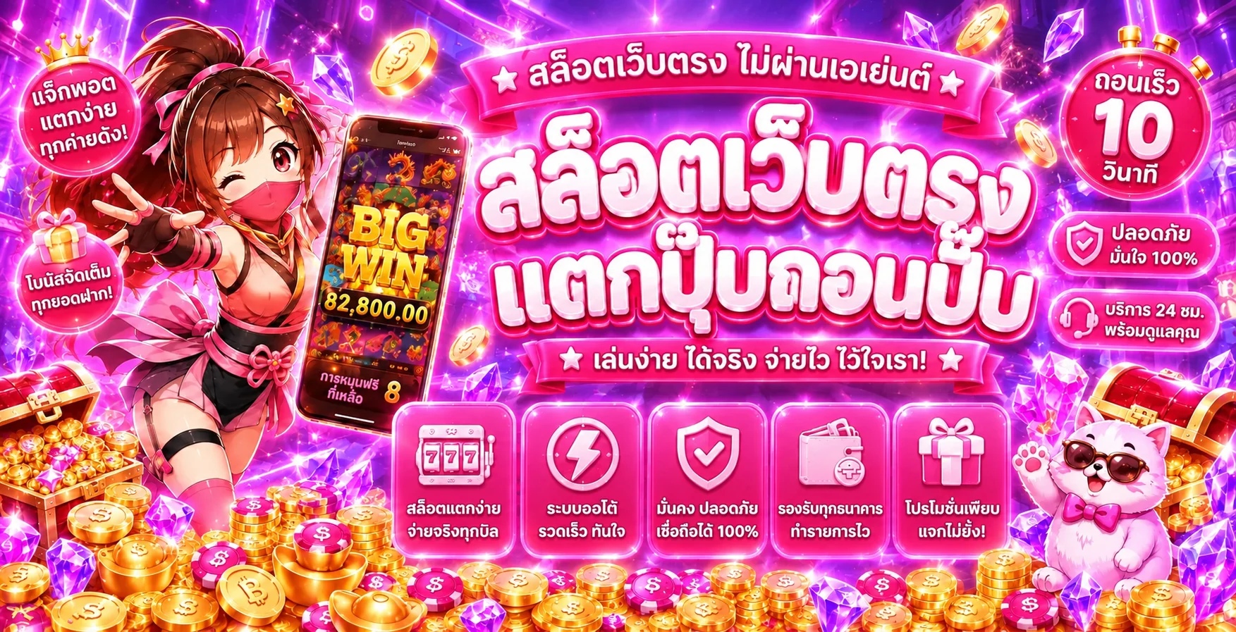 ภาพสล็อตเว็บตรง PROSTARTH โทนม่วงชมพูพร้อมตัวละครเกม
